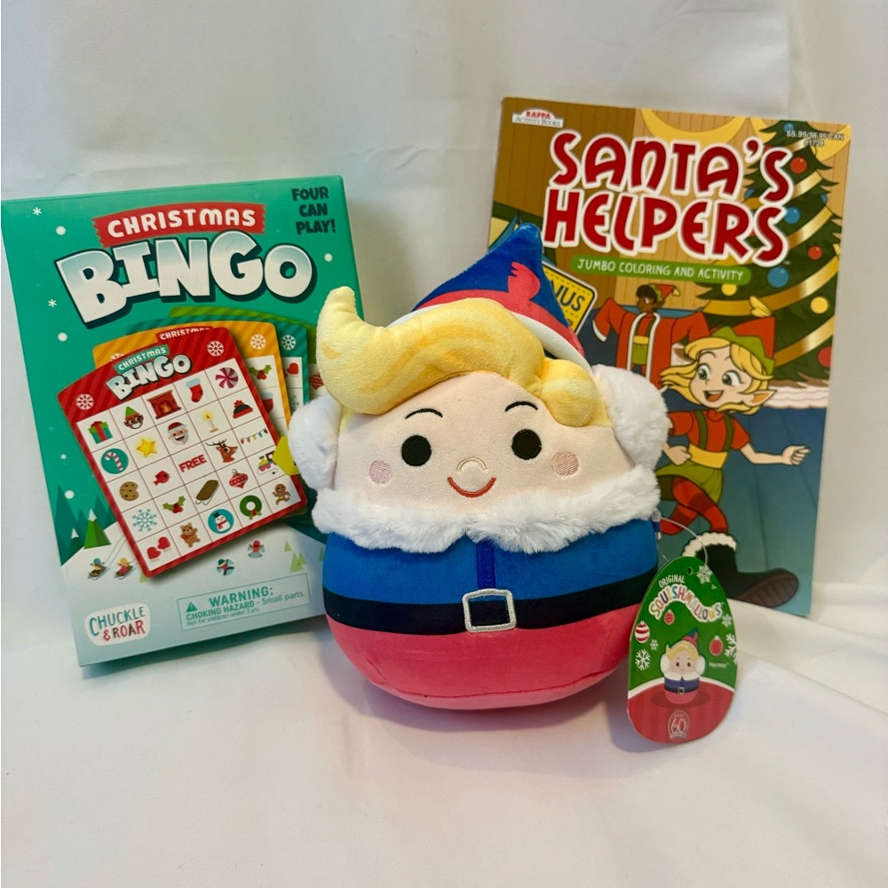 Christmas NWT Gift Set Squishmallows Elf Plush Bingo Game Santa Coloring Book